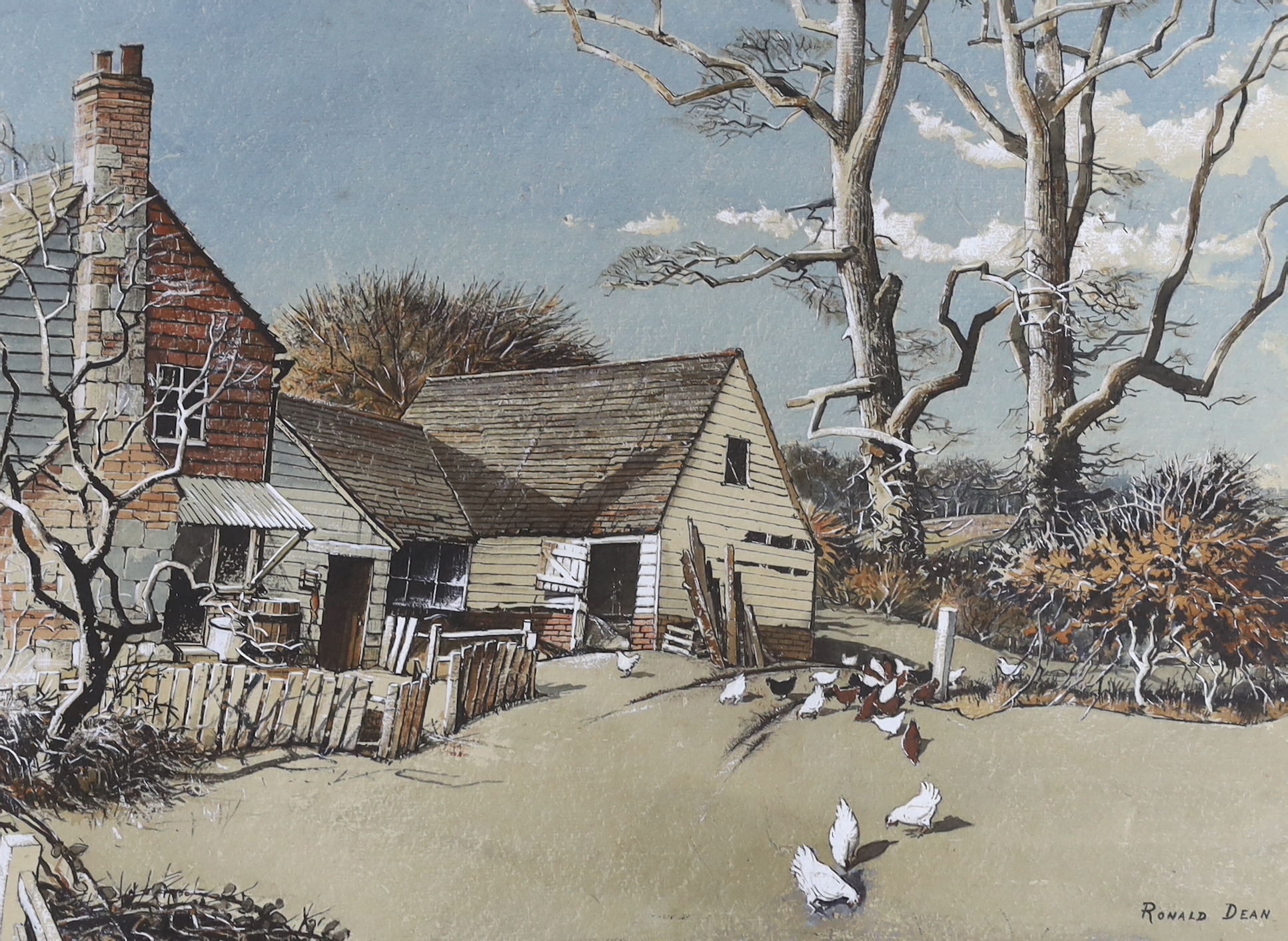 Ronald Dean (1929-2023), two heightened watercolours, ‘Free Range’ and ‘Tilford Cottage’, each signed, largest 50 x 37cm